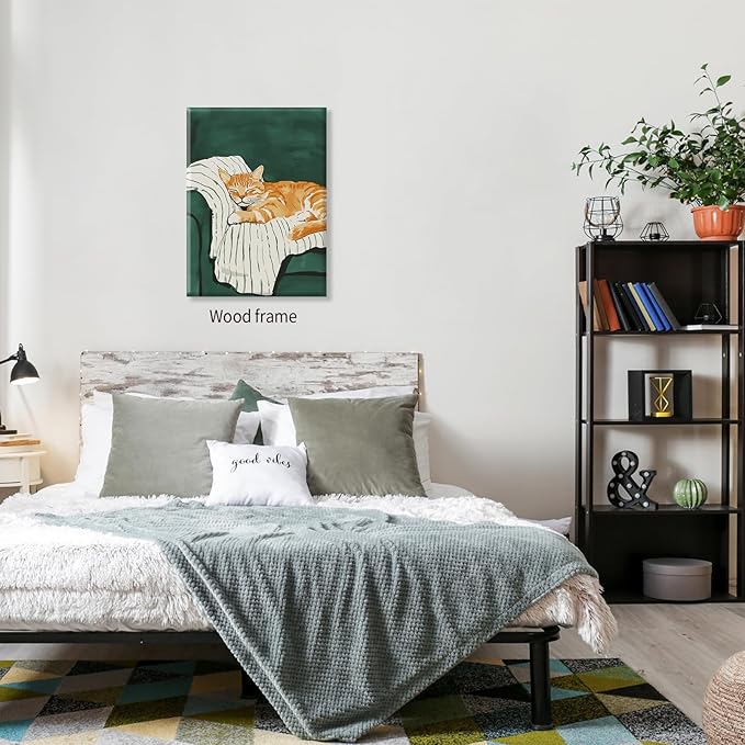 Sleeping Orange Cat poster Green Aesthetic Wall Art Preppy Funky Cute Animal Canvas Painting Gift For Cat Lover 08x10 inch Framed for Cozy Room Wall Decor