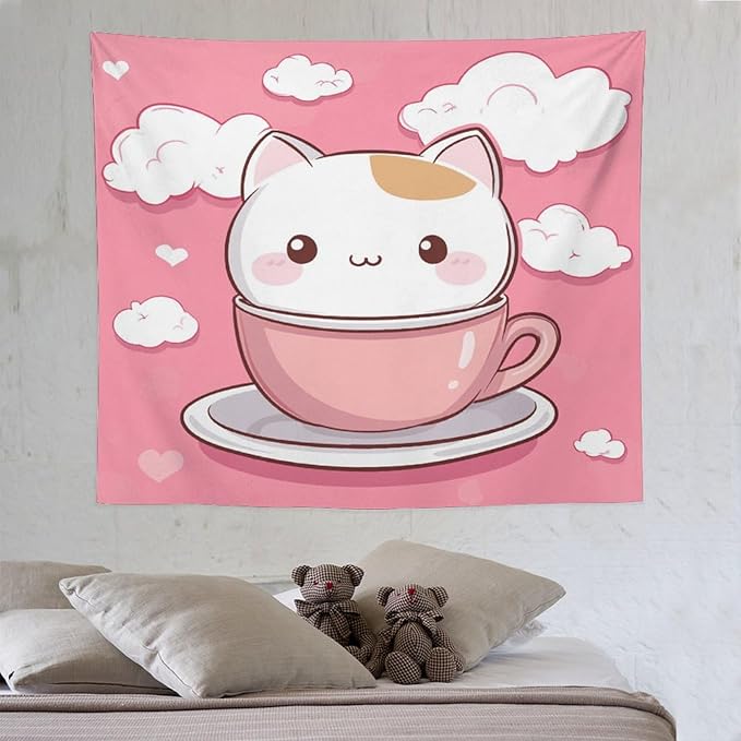 MaSiledy Kawaii Cat Wall Tapestries Cat Pet Lover Tapestry Vintage Aesthetic Tapestries Landscape Tapestry Home Decor for Room 50"x60" Wall Hanging for Home Decor Bedroom Living Room Dorm Decor