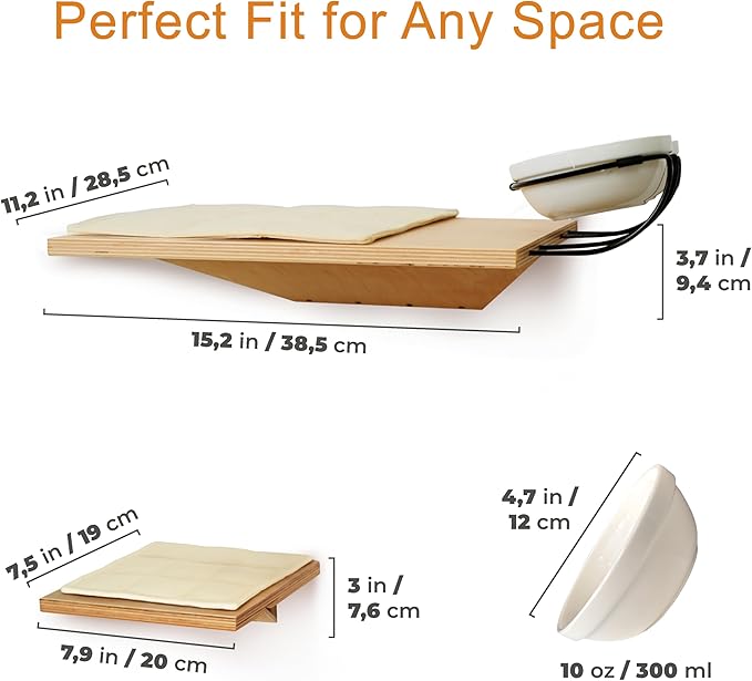 Wall Mounted Cat Shelves with Elevated Ceramic Feeding Station–Scandinavian Floating Design, Solid Plywood, Two Climbing Steps with Cotton Mats, Modern Cat Wall Furniture Set 300 ml Bowls