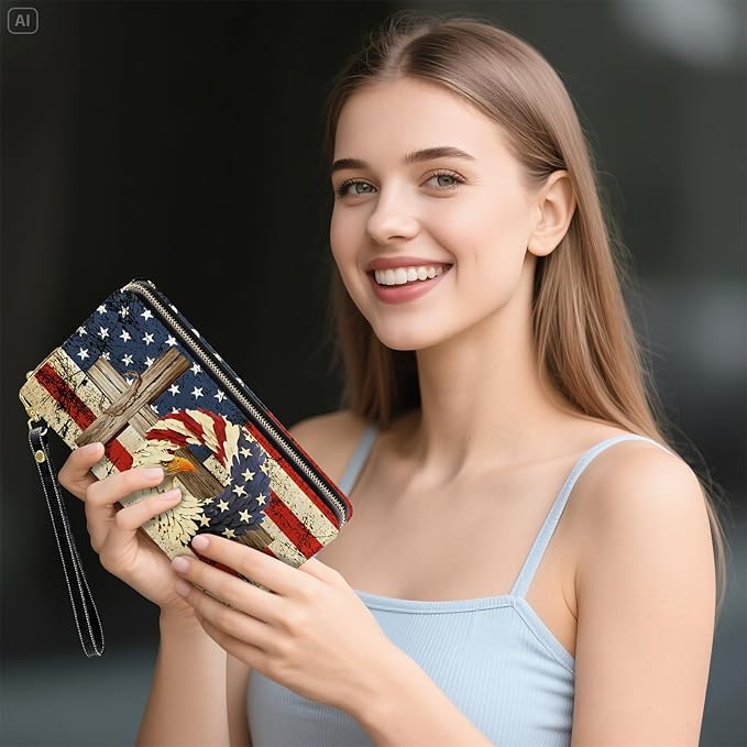 Womens Wallet, American Flag Wristlet Wallet For Women, Independence Day Card Holder Purse With Zipper, Birthday Christmas Graduation Independence Day Gifts For Women, Office Daily Purse
