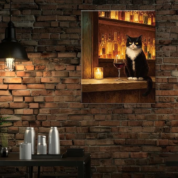 Vintage Cat Bar Wall Art Decor Tuxedo Cat with Wine Print Picture Whimsical Wall Decor for Home Kitchen Bar 8x10 Inch Canvas Framed
