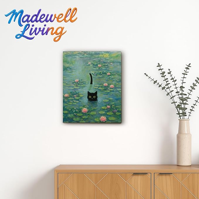 Funny Cat in Water Lilies Wall Art, Vintage Monet-Style Bathroom & Bedroom Decor, Ready to Hang Aesthetic Cat Gift for Dorm, Living Room, Wrapped Framed Canvas Print(11’’x14’’)