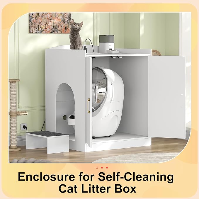 Heybly Litter box Enclosure,large Cabinet with Charging Station,Wooden Cat Litter Box Enclosure Furniture for Self-Cleaning Robot 3 & 4,Hidden for Smart Litter Box Size for senior cats,White HCLB005WT