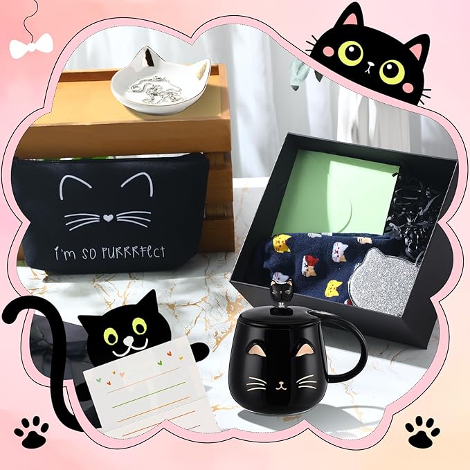 Havawish Cat Lover Gifts for Women Best Cat Mom Gift Basket Set Black Gift Box for Cat Lovers Birthday Mother's Day Cat Themed Gifts for Girl Lady Friend Daughter Sister Wife