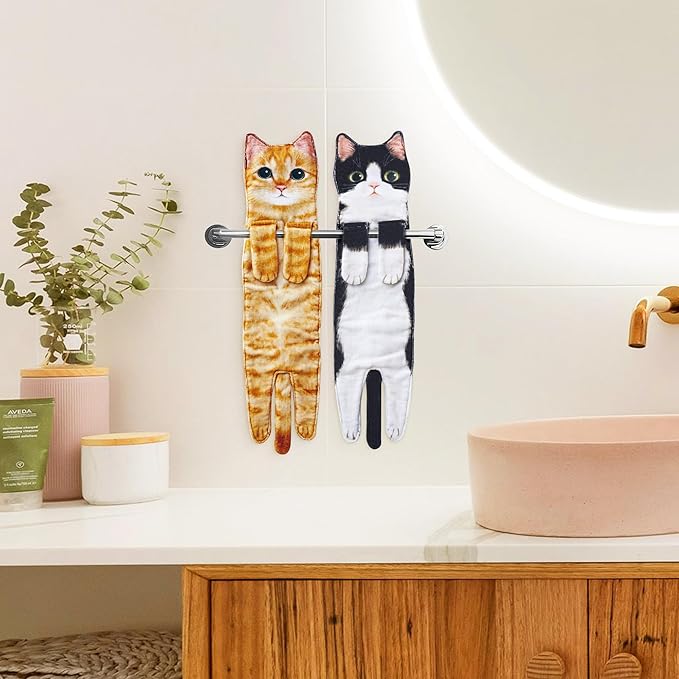 Funny Hand Towels for Bathroom Kitchen Decor - Cute Cat Hanging Hand Towel Kitchen Gadgets - Unique Housewarming Birthday Christmas Cat Lover Gift Ideas for Women Mom Lady Adults