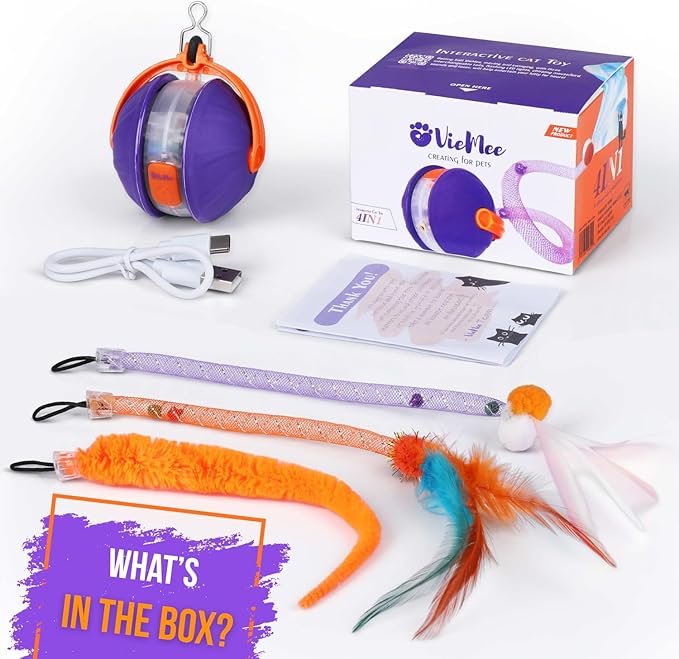 Cat Laser Toy Automatic 4-in-1, Interactive Ball & Laser Pointer for Indoor Cats with 3 Interchangeable Tails, Rechargeable Teasing Pet Toy for Kittens & Adults
