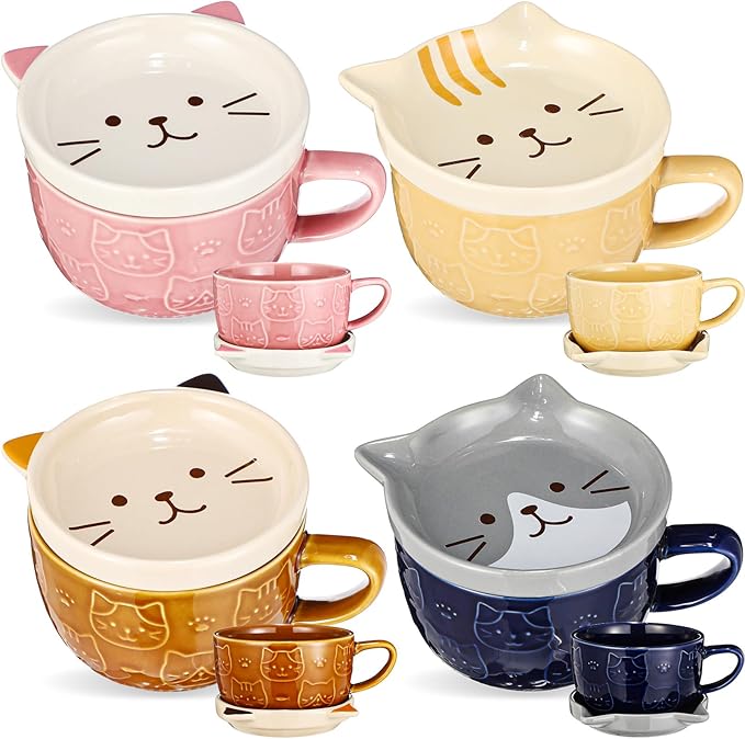 Didaey 4 Set Cute Cat Mug with Lid Ceramic Coffee Tea Mug 10oz Kawaii Kitten Cups for Cat Lovers Funny Novelty Milk Breakfast Cups Nurse Christmas Birthday Gift for Women Wife Mum Friend Men