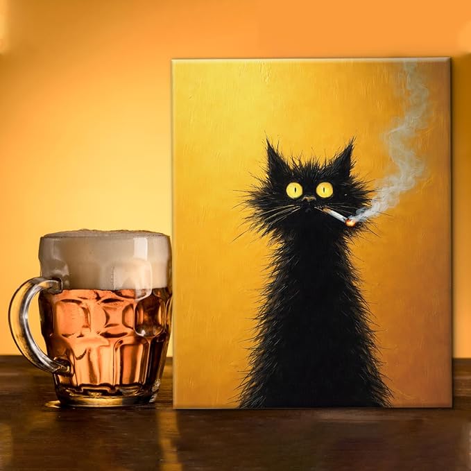 Whimsical Vintage Cat Wall Art Decor Retro Quirky Cat Print Picture Funny Animal Wall Decor for Home Living Room Man Cave 8x10 Inch Canvas Framed