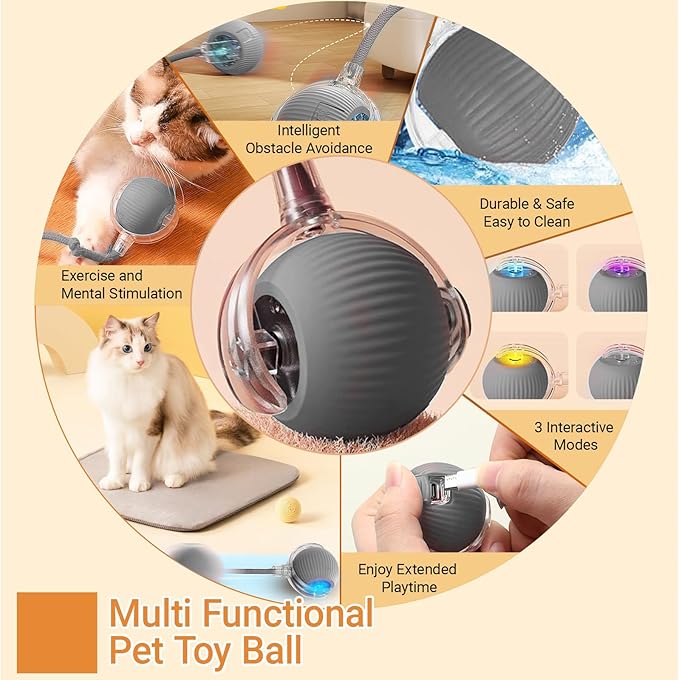 2025 New Interactive Dog Cat Toys Balls, Interactive Rolling Ball Cat Toy, 360° Smart Automatic Rolling Pet Ball (Grey, one Size)