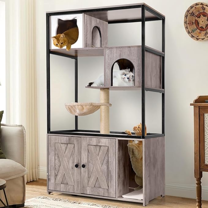 GUTINNEEN All-in-One Cat Litter Box Enclosure Hidden Litter Box Furniture with Cat Tree, Scratching Post, Cozy Cat Cave, Hanging Hammock, Storage Cabinet, Durable & Space-Saving (Grey)