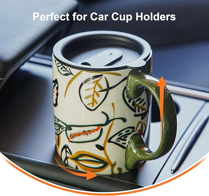 Topadorn 17oz Ceramic Coffee Travel Mug - Leak-Proof Lid, Handcrafted Leaf Pattern Tea & Latte Cup