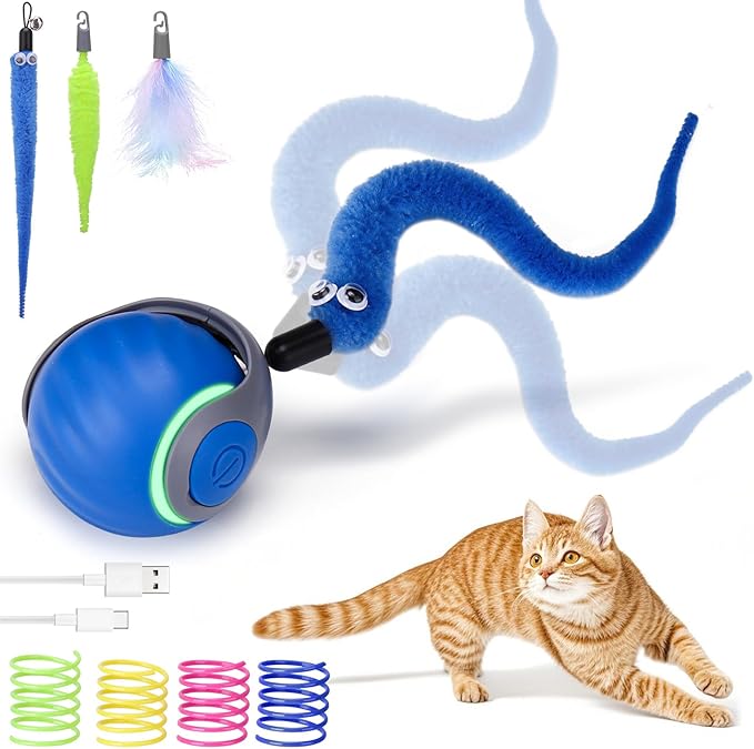 AIERSA Cat Toys for Bored Indoor Adult Cats, Speed Tail Cat Toy, Interactive Smart Cat Toys Balls, Automatic Moving Self Play Cat Toy with 3 Tails and 4 Springs (Blue)