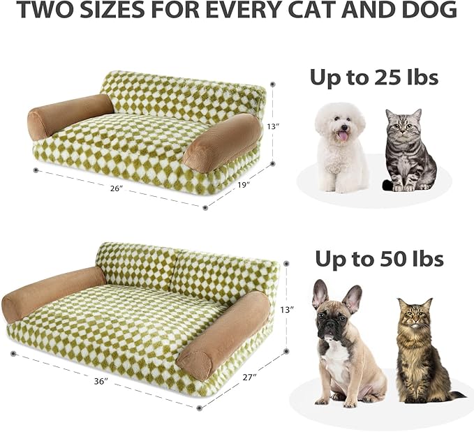 BFPETHOME Cat Couch Bed & Dog Couch Bed, Pet Couch Bed for Small Pet, Cute Dog Sofa Bed, Cat Sofa & Pet Sofa with Non-Slip Bottom, Checkered Dog Bed with Washable Cover (Green&White)