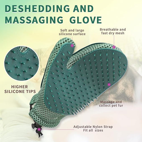 2 in 1 Pet Fur Glove & Cat Hair Remover Glove, Dog Grooming Glove Brush for Shedding, Massage, Efficient Pet Hair Remover Mitt for Uproot Cleaner Clothes, Couch, Carpet [Blue/Pair]