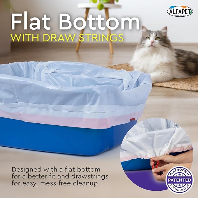 Alfapet Extra Large cat Litter Box Liners-6 Boxes- Heavy Duty 2 mil Thick Plastic, Clever Drawstring Liner for Easy Disposal- Flat Bottom for Easy, Secure Placement in Kitty Pan-Disposable