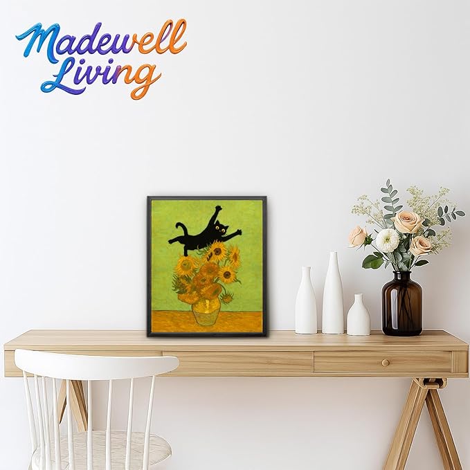 Madewell Living Van Gogh-Style Cat Art - Funny Black Cat in Sunflowers Print, Framed Wall Art (11x14 inch) - Ready to Hang, Waterproof Living Room & Bedroom Decor