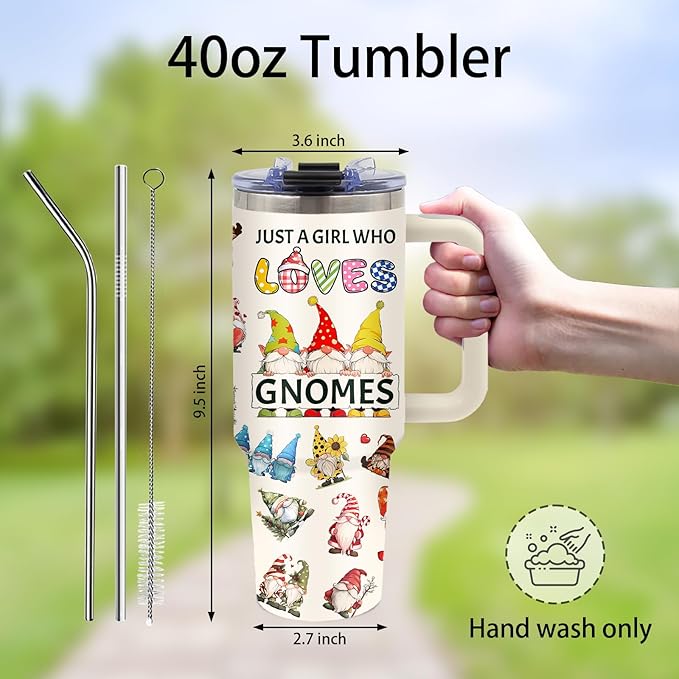 Gnomes Gifts for Women - 40oz Gnomes Tumbler with Straw and Handle, Leak-proof, Stainless Steel Insulated Tumblers, Travel Coffee Mug for Gnome Lovers, Garden Gnome Enthusiasts Gift Cup for Girls
