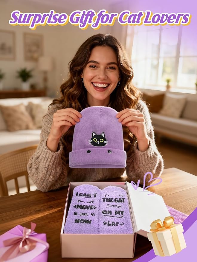 Cat Beanie and Funny Socks for Women - Cute Warm Gifts for Cat Lovers