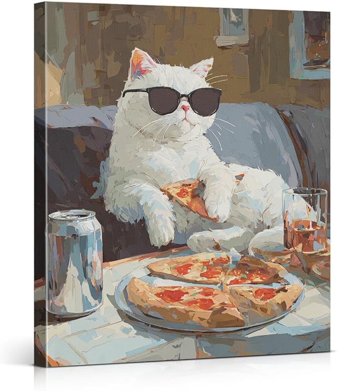 Vintage Cool Cat Wall Art Decor Couch Potato Pet Print Picture Cat Lover Gifts Wall Decor for Home Living Room 8x10 Inch Canvas Framed