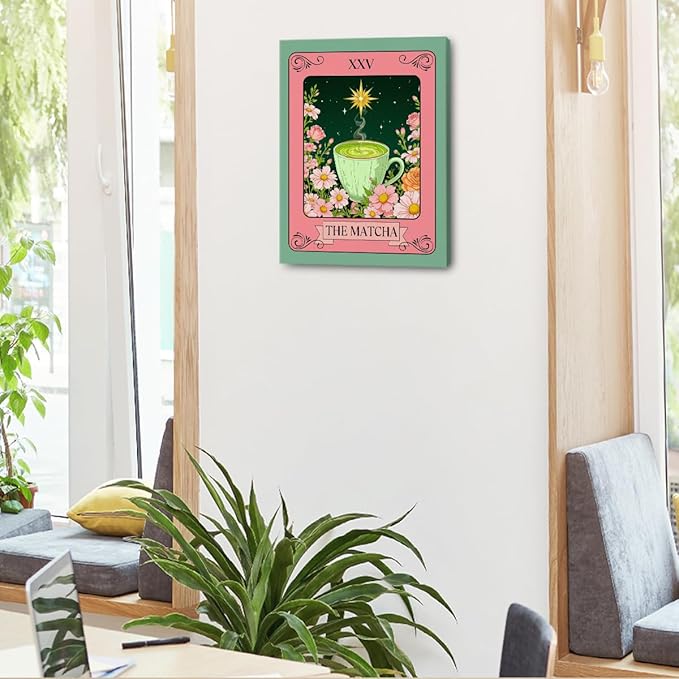 The Matcha Tarot Print Wall Art, Green Tea Vintage Posters Canvas Framed Prints Modern Home Decor, Retro Botanical Floral Poster for Living Room Entryway Bedroom Book Shelf Room Aesthetic