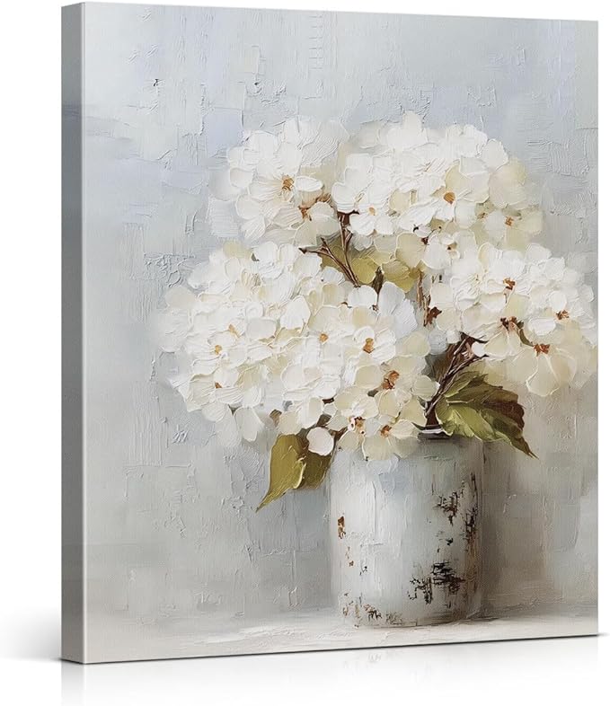 Vintage White Hydrangea Canvas Wall Art Rustic Neutral Floral Print Painting Cottagecore Wall Decor for Home Farmhouse Living Room 8x10 Inches Framed