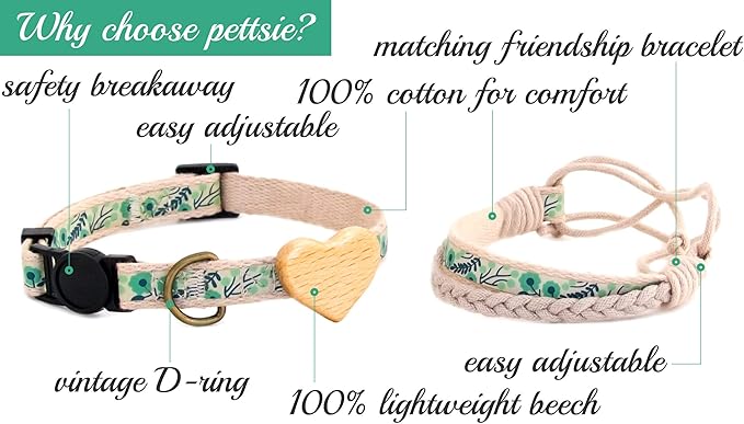 Pettsie Breakaway Cat Collar with Wooden Heart Charm & Matching Owner Bracelet – Soft Cotton, Adjustable Safety Collar for Cats, Lightweight & Stylish, 8"-11", Gift-Ready Set for Cat Lovers, Green