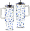 Aesthetic Blue Flower Themed Tumbler 40oz with Handle and Straws, Leak - proof, Stainless Steel Insulated Travel Coffee Mugs for Women, Gifts Birthday Cup