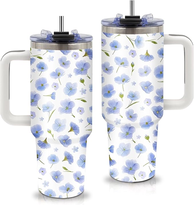 Aesthetic Blue Flower Themed Tumbler 40oz with Handle and Straws, Leak - proof, Stainless Steel Insulated Travel Coffee Mugs for Women, Gifts Birthday Cup