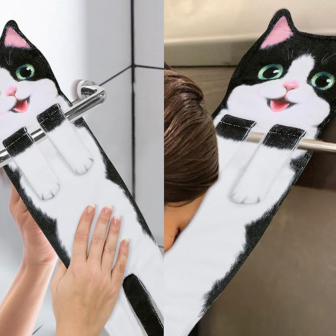 Funny Hand Towels for Bathroom Kitchen Decor - Cute Cat Hanging Hand Towel Kitchen Gadgets - Unique Housewarming Birthday Christmas Cat Lover Gift Ideas for Women Mom Lady Adults