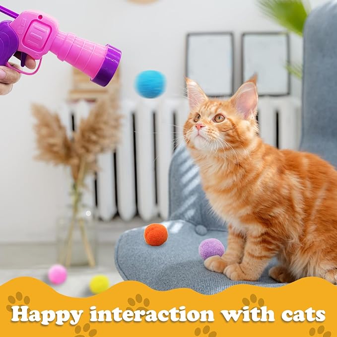 Andiker Cat Toy Balls Set, 30pcs Plush Cat Pom Pom Balls&a Plastic Launcher Set for Kitten Catch&Fetch Interactive Cat Toy with Colorful&Soft Cat Balls for Indoor Cats to Keep Fit (Pink 30pcs)