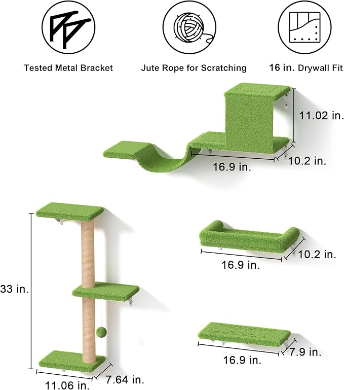 FUKUMARU Cat Wall Shelves, Stable & Safe 4 in 1 Cat Walls Furniture Set, Wooden Kitten Climbing Wall with Scratching Post for 16 Inch Drywall - Green