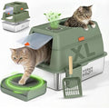XL Stainless Steel Cat Litter Box with Enclosure and Pooper Scooper - Durable Black Metal Litter Box for Big Cats, High Sides for Anti-Leakage, Never Absorbs Odors, Non-Sticky - (60x40cm) (Sage)