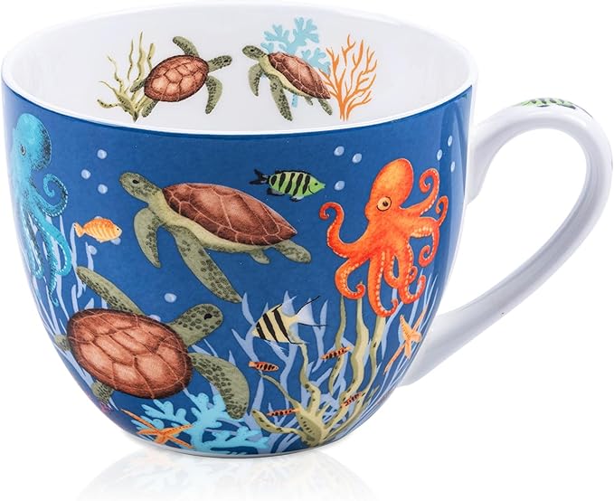 Summer Ocean Wonders Hug Mug - 20oz Deep Blue Bone China Coffee Mug with Sea Turtle, Octopus and Tropical Fish, Marine Life Themed Gift for Ocean Lovers, Designed in England by Harvest Green Studio