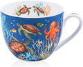 Summer Ocean Wonders Hug Mug - 20oz Deep Blue Bone China Coffee Mug with Sea Turtle, Octopus and Tropical Fish, Marine Life Themed Gift for Ocean Lovers, Designed in England by Harvest Green Studio