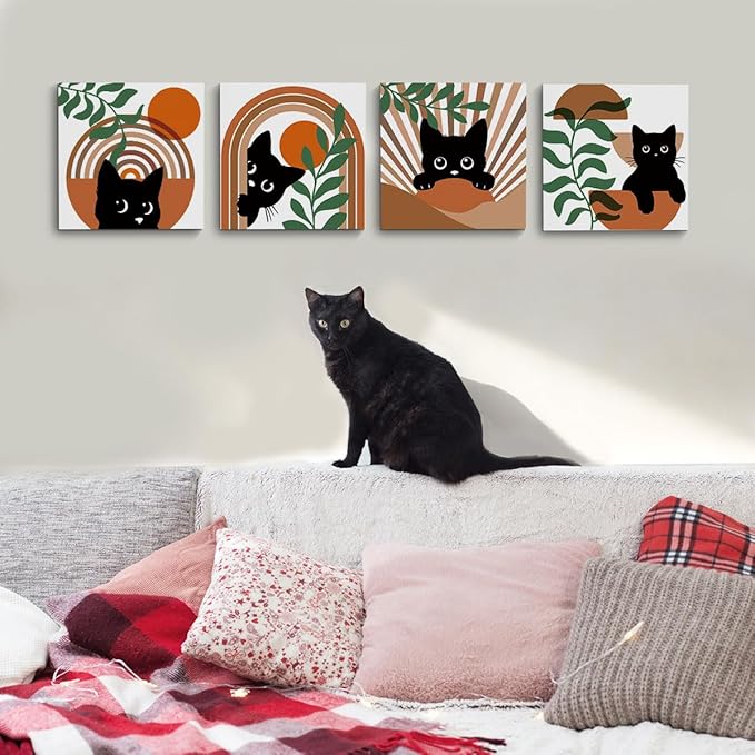 4 PCs Boho Cat Canvas Wall Art Framed Wall Decor, Botanical Wall Decor Bohemian Decor, Cat Lover Gifts, Cat Themed Gifts Art Prints Paintings, Cat Pictures Home Decor for Nursery Bedroom Farmhouse