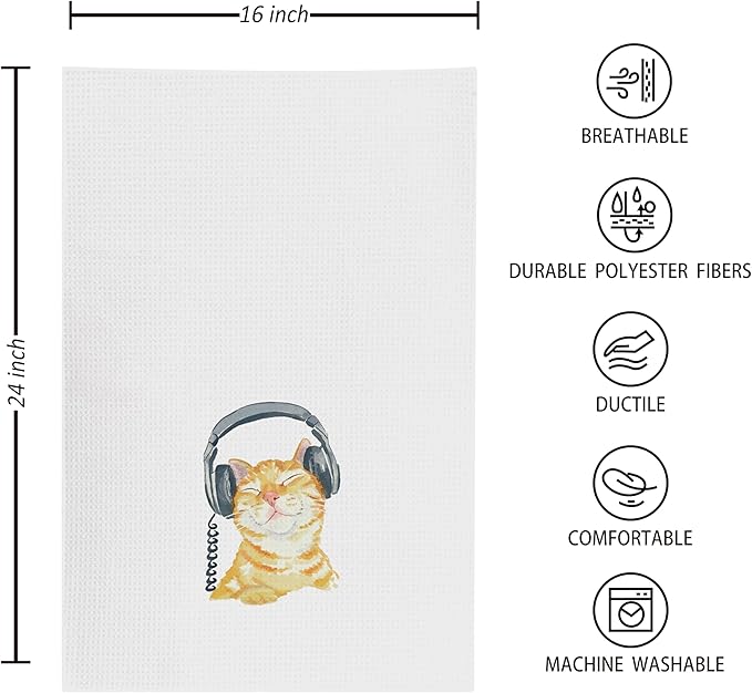 Kunlisa Cute Cat Towel Set - Decorative Kitchen Towels, Funny Cat Gifts (Set of 2 with Glasses)