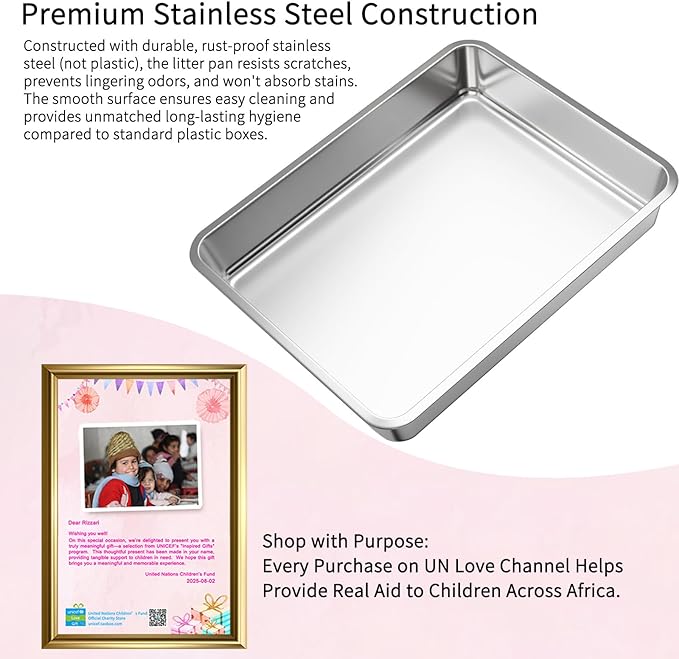 RIZZARI Stainless Steel Cat Box: Light Gray Covered Design with High Sides to Prevent Leaks - Spacious Interior & Non-Stick Coating for Odor Control - Easy-Clean Drawer - Bathroom or Living Room Use
