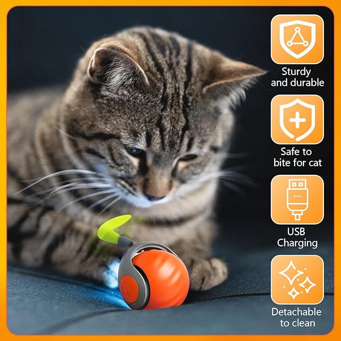 Speedy 2.0 Tail Interactive Cat Toy, Smart Interactive Cat Toy Ball, Indoor Cat Toys Electric Self Moving, Automatic Cat Rolling Ball (Orange + Blue)