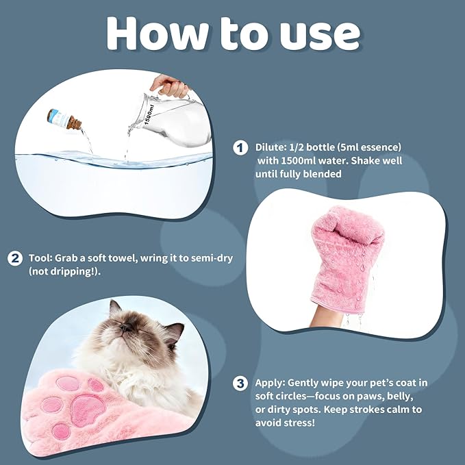 Concentrated Waterless Shampoo Essence with Pink Grooming Glove, No-Rinse & Lick-Safe Essence for Steam Brushes, Gentle Care for Cats/Kittens/Seniors, Manage Shedding & Freshness,0.34oz*1