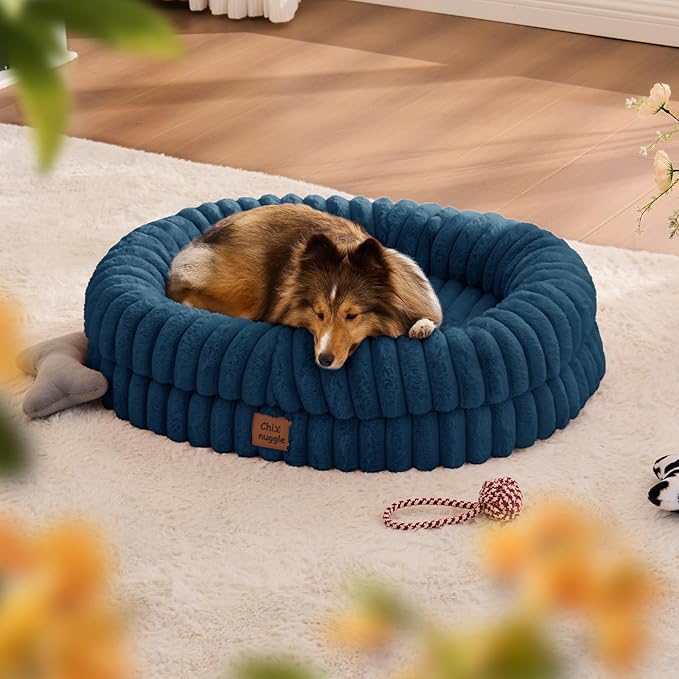 ChiXnuggle Dog Bed Medium Sized Dog - Luxury Striped Faux Fur Waterproof Pet Couch with Removable Washable Cover, Orthopedic Pet Bed with Bolster Sides for Sleeping, Midnight Blue