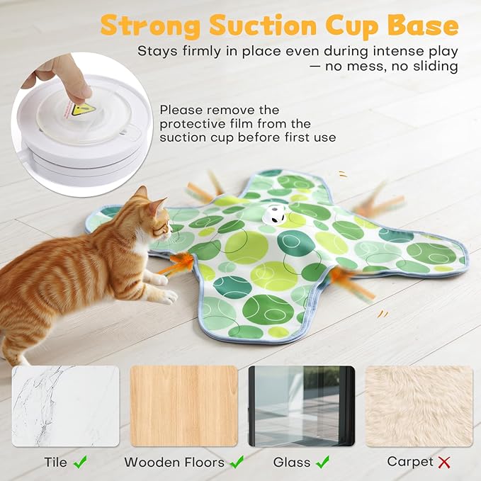 Interactive Cat Toys, Hide and Seek Cat Toy, 2 in 1 Automatic Moving Concealed Feathers for Indoor Cats, Non-Slip Suction, Touch Activated, USB Rechargeable, Green