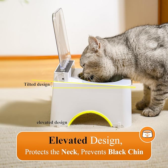 Dustproof Wireless Infrared Sensor Flip Top Cat Food Bowl - Automatic Cat Feeder for Indoor & Camping, Elevated, No Spill, Non-Slip, Raised Stainless Steel Food & Water Dog Bowl