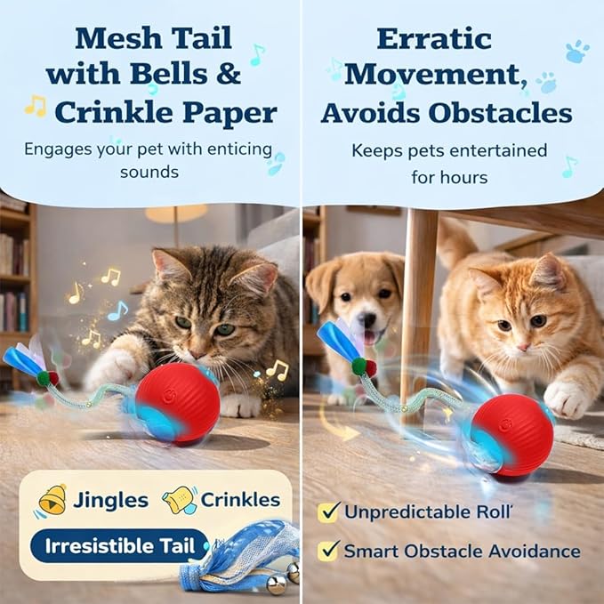 GlowPounce Interactive Rolling Ball Toy for Indoor Cats & Small Dogs – Motion-Activated Smart Moving Ball with LED Lights – Rechargeable Automatic Play Toy for Cats, Kittens & Puppies, Blue