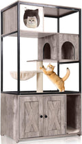 GUTINNEEN All-in-One Cat Litter Box Enclosure Hidden Litter Box Furniture with Cat Tree, Scratching Post, Cozy Cat Cave, Hanging Hammock, Storage Cabinet, Durable & Space-Saving (Grey)