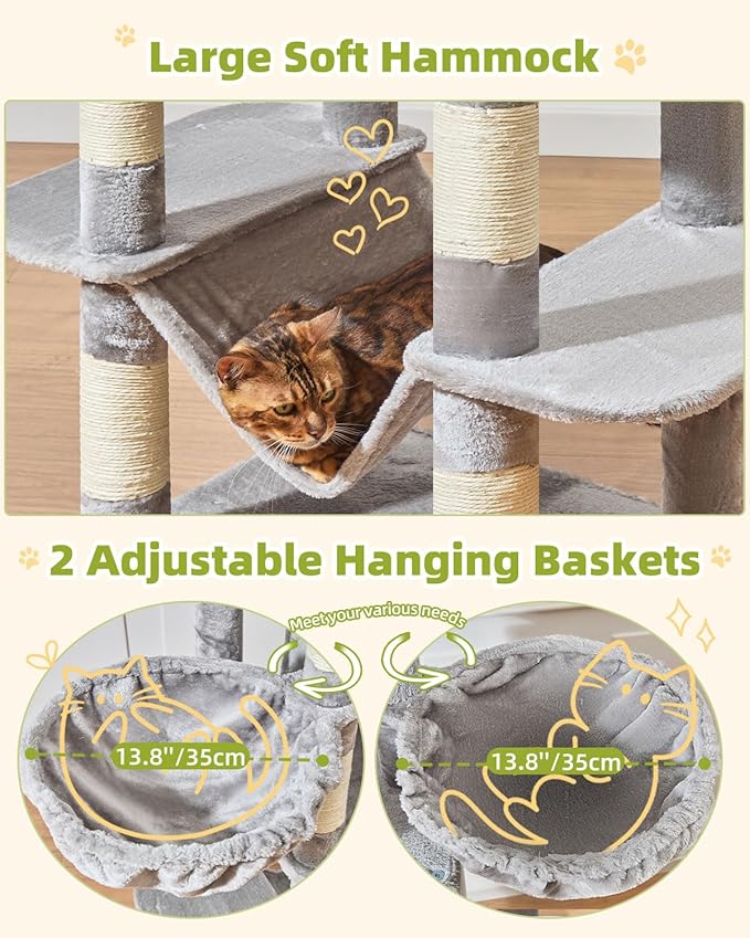 Taoqimiao Cat Tree Tower, 76-Inch Sturdy Cat Tree for Indoor Cats Large Adult Cat Tower with Scratching Posts，2 Condos, 2 Perches, 2 Large Hanging Baskets, Soft Hammock, MS046W Light Gray