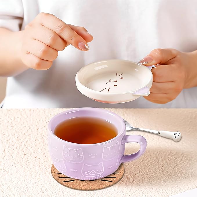 2PCS Cute Kawaii Cat Tea Cup Ceramic Coffee Mug with lid, Tea Cups and Saucers for Dessert, Cute Gifts for Cat Lovers, Anime Fans, Christmas for Women 10oz (Pink + Purple)
