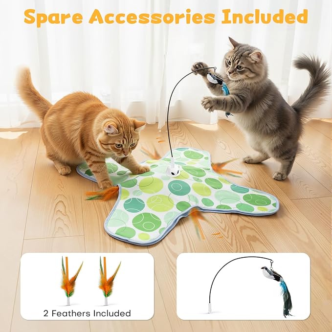 Interactive Cat Toys with Bird, Hide and Seek Cat Toy, 2 in 1 Automatic Moving Concealed Feathers for Indoor Cats, Non-Slip Suction, Touch Activated, USB Rechargeable, Green