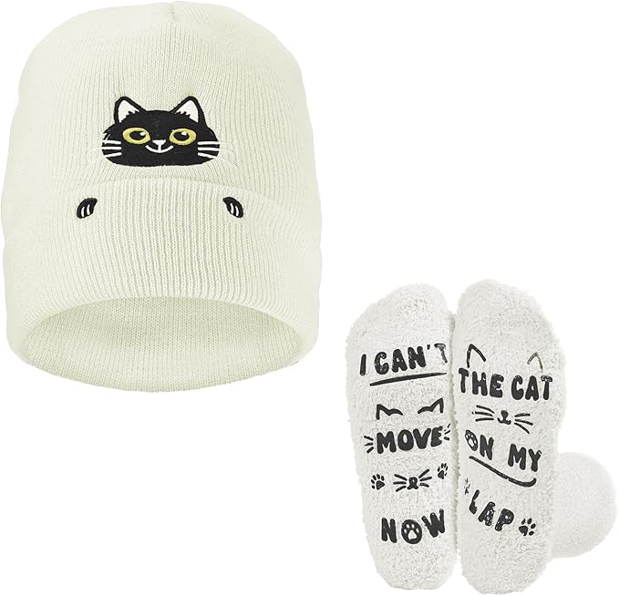 Cat Beanie and Funny Socks for Women - Cute Warm Gifts for Cat Lovers