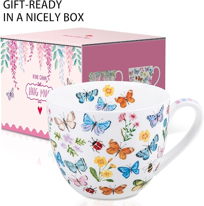 Colorful Butterfly Mug - 20oz Bone China Coffee Tea Hug Mug with Multicolor Butterflies, Ladybugs, Bees & Blooms, Perfect Gifts for Mom Women Mothers Day, Designed in England by Harvest Green Studio