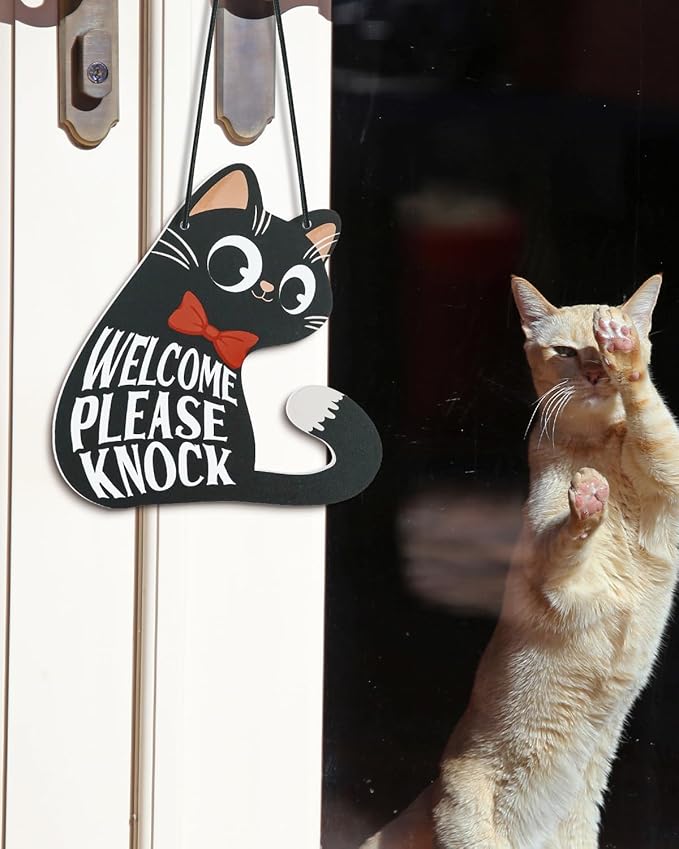 Putuo Decor Do Not Disturb Sign Welcome Please Knock, Cute Cat Door Sign Decor Reversible Double Sided Aesthetic Hanger Plaque for Room Front Door Porch Home Decor, Cat Lover Gifts Black